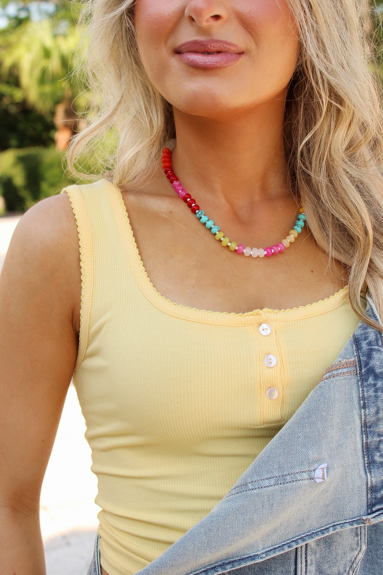 Ribbed Scoop Neck Button Front Tank Top - Yellow