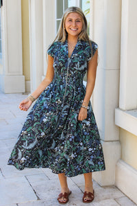 Autumn Drift Smocked Midi Dress - Navy