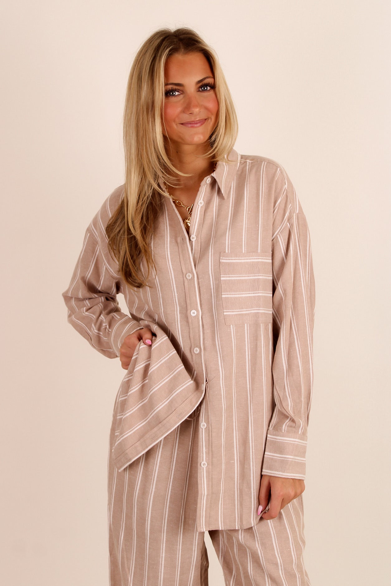 Understated Edge Striped Button Down Shirt - Almond
