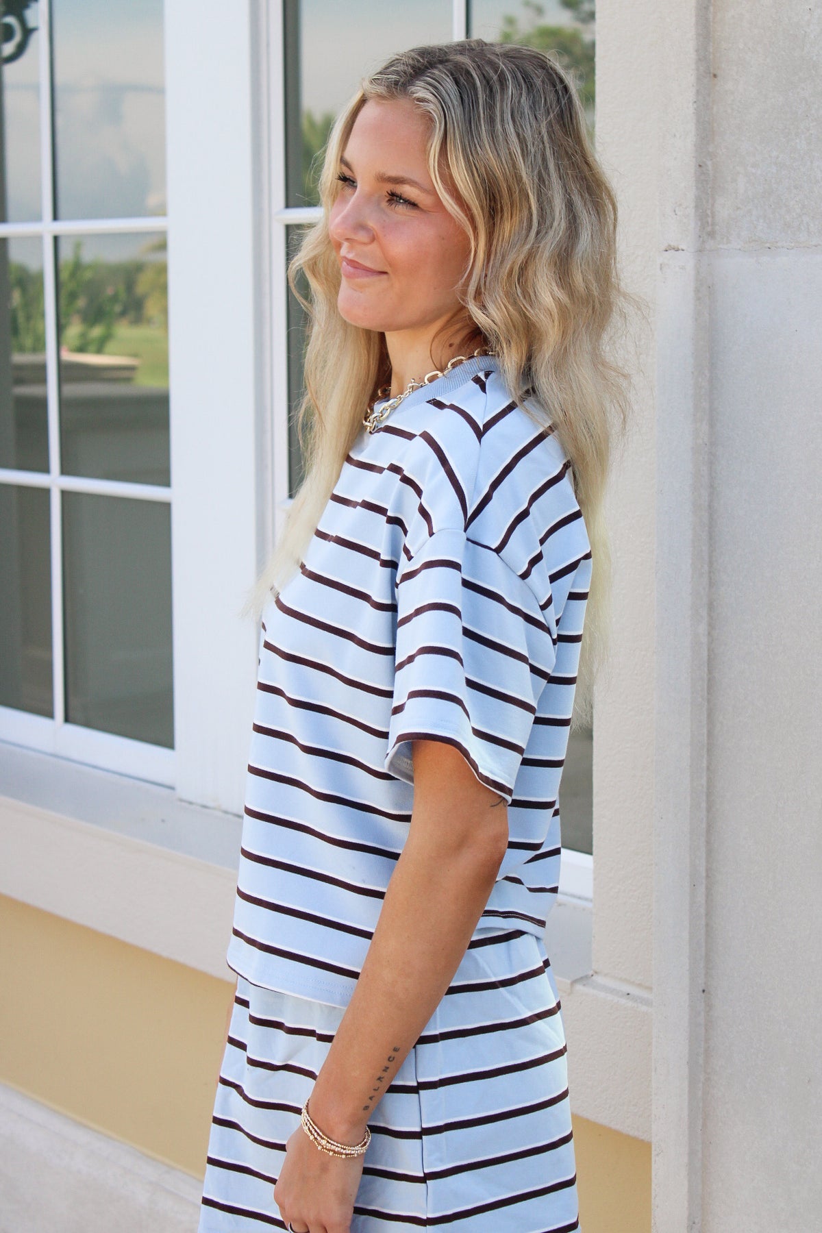 Weekend Ease Striped Sweatshirt Top - Blue/Brown