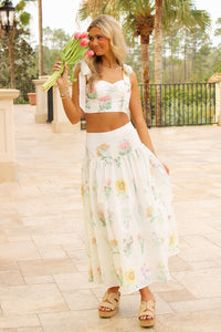Spring Meadows Floral Printed Midi Skirt - Cream