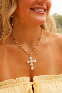 Feeling Blessed Pearl Cross Pendant Necklace - Gold