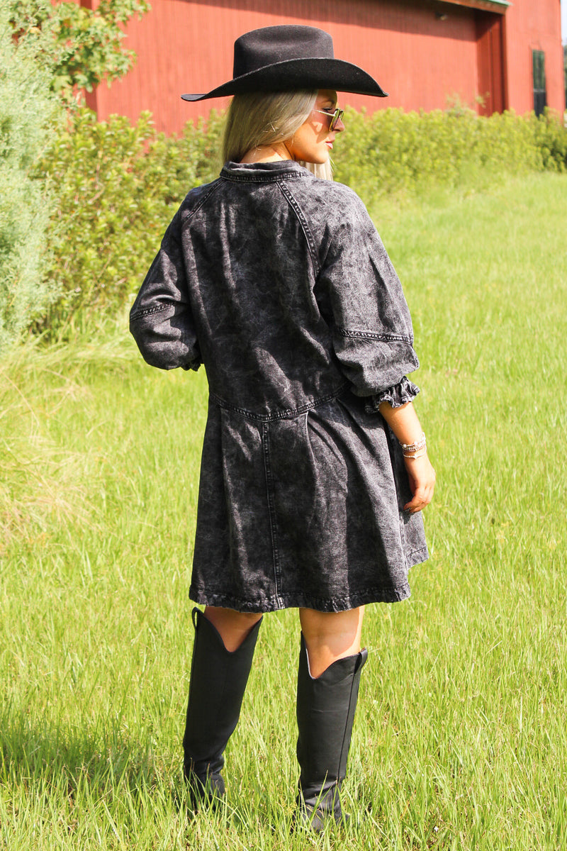 Moving Forward Button Down Denim Dress - Washed Black