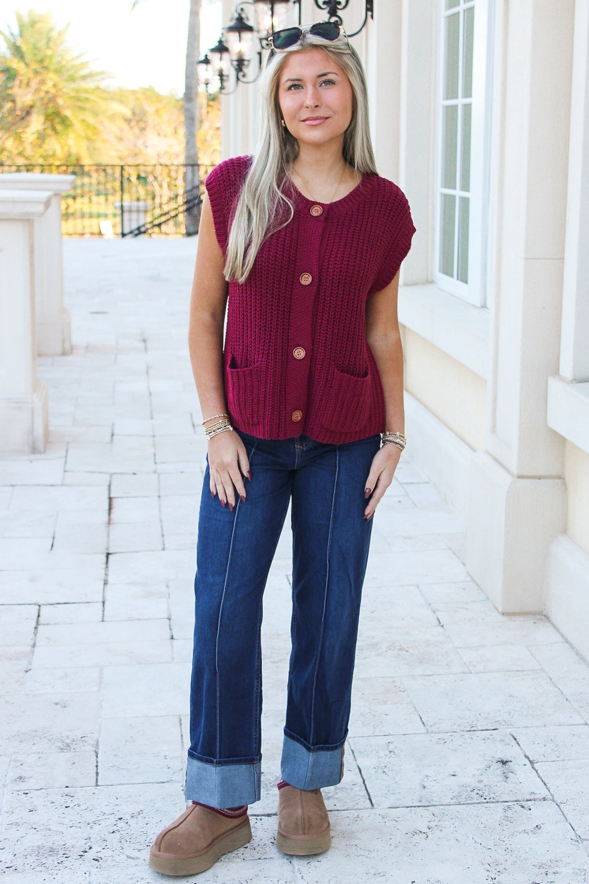 Everyday Ease Button Down Knit Vest - Wine