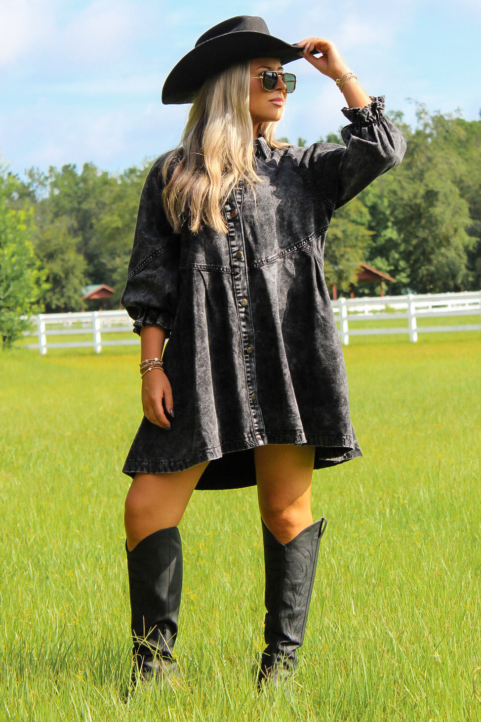 Moving Forward Button Down Denim Dress - Washed Black