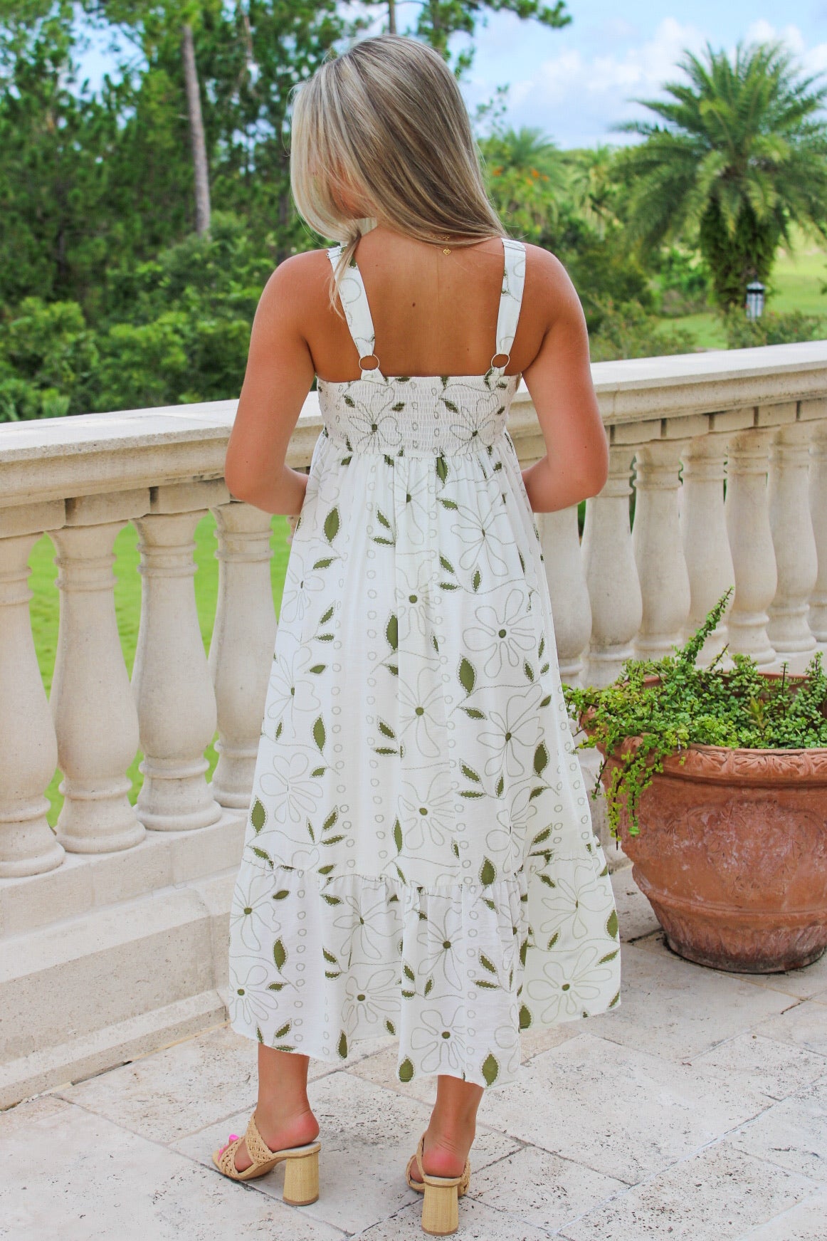 Blissful Meadows Floral Embroidery Scallop Midi Dress - Moss Green