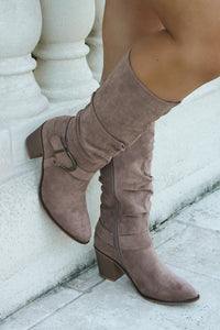 The Casey Tall Buckle Suede Boot - Taupe