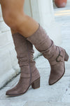 The Casey Tall Buckle Suede Boot - Taupe