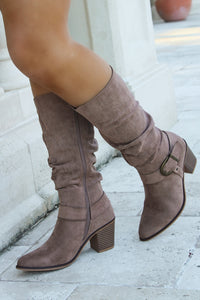 The Casey Tall Buckle Suede Boot - Taupe