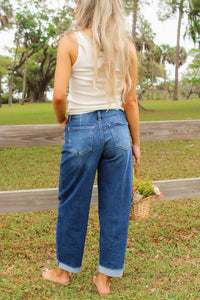 Rachael High Rise Barrel Cuff Jeans - Dark Wash