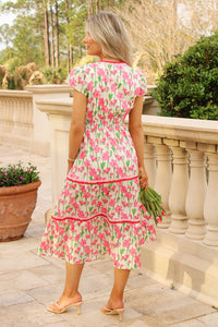 Floral Lane Tiered Poplin Midi Dress - Pink