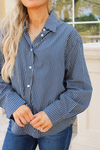 The Cory Stripe Button Down Top - Navy