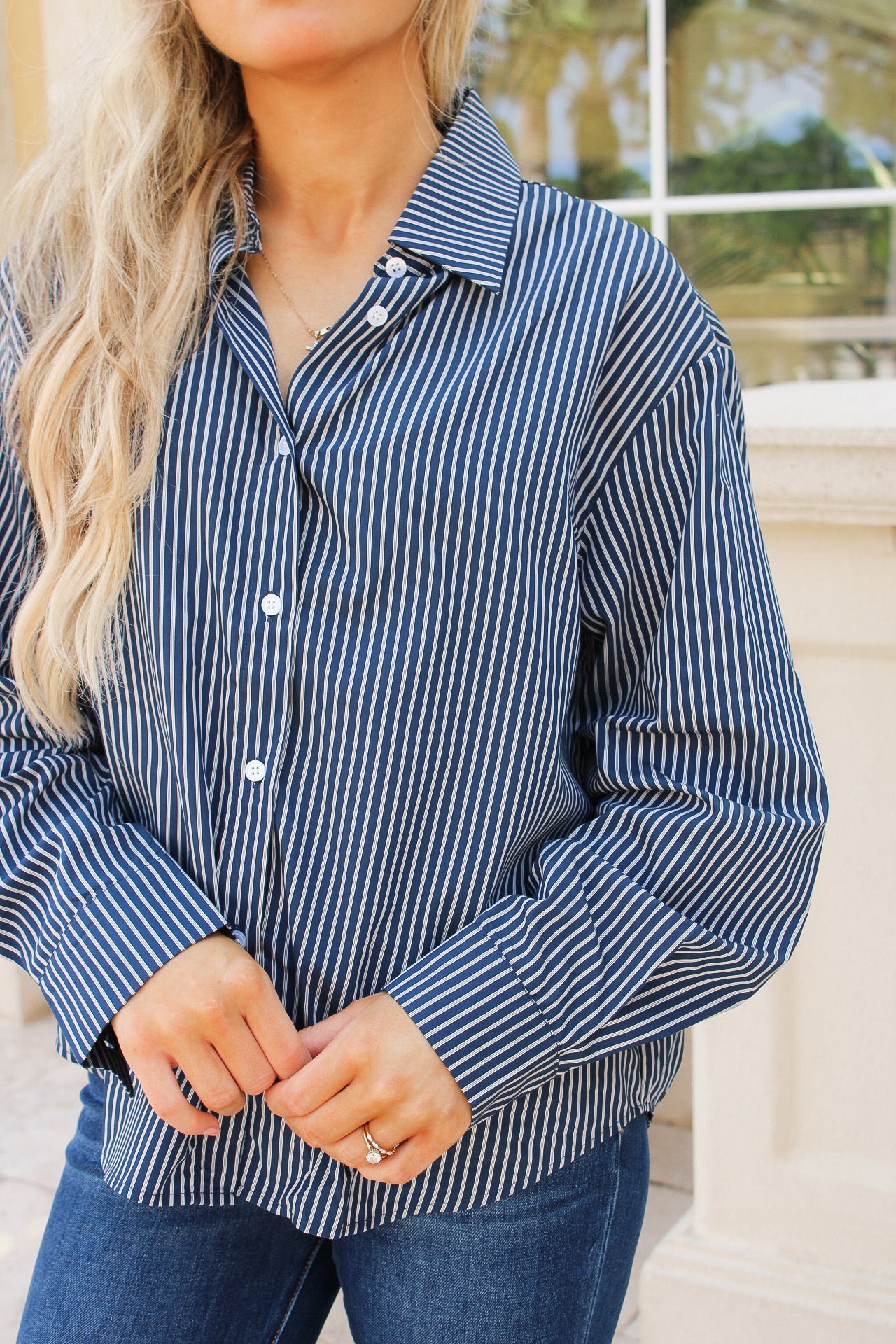 The Cory Stripe Button Down Top - Navy