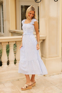 Sunday Stroll Striped Midi Dress - Blue