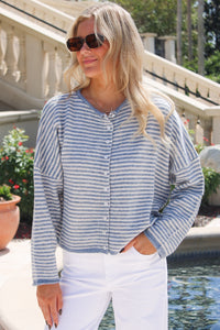 The Midtown Stripe Button Down Cardigan - Dusty Blue