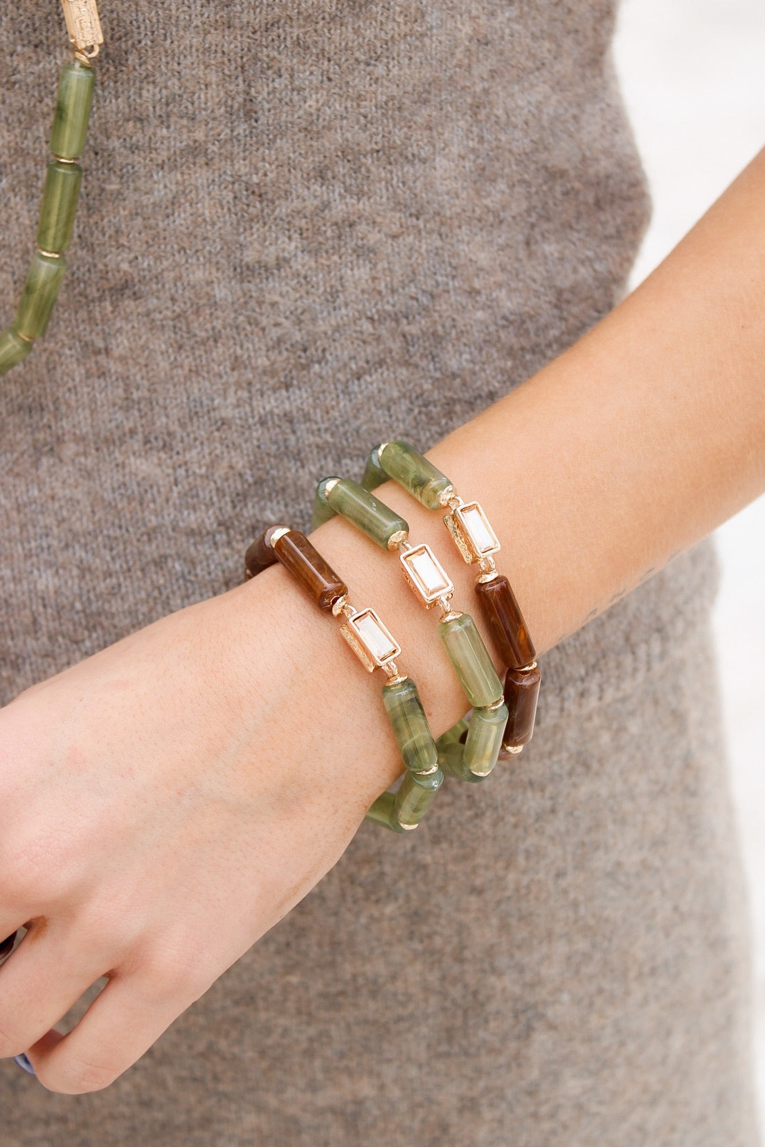 Oval Stone & Crystal Bracelet Set - Olive