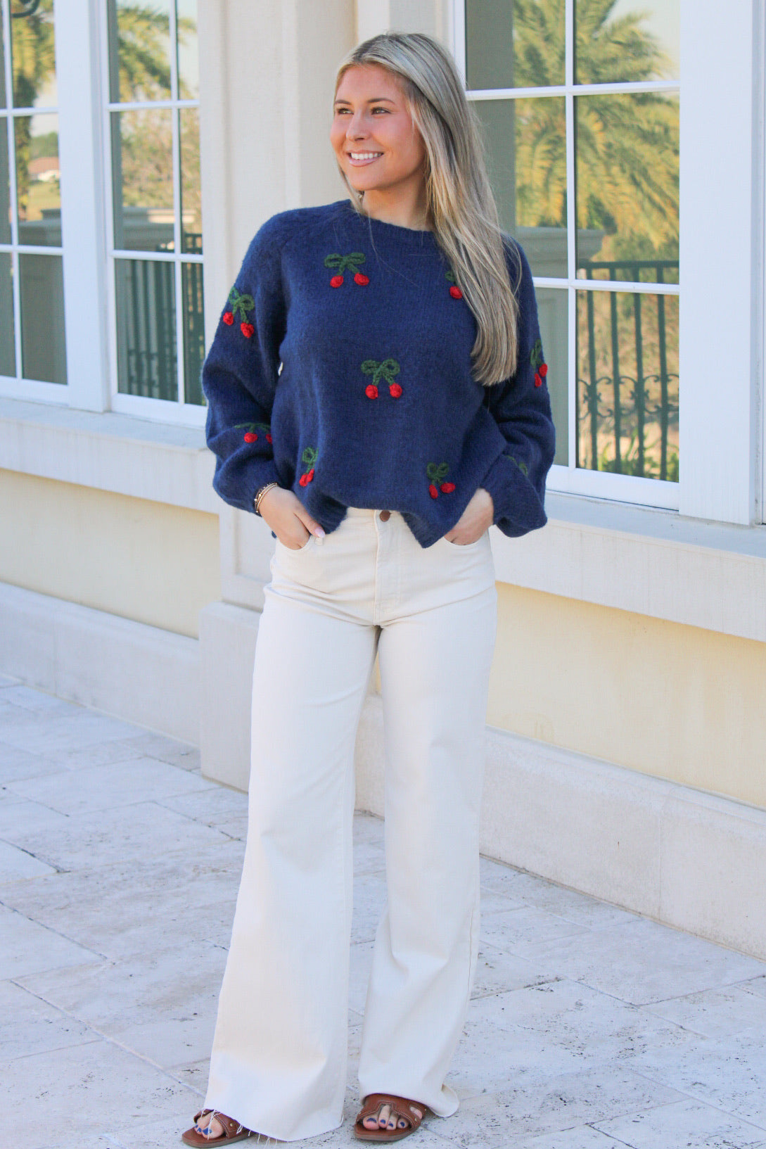 Cherry Bliss Long Sleeve Sweater - Navy