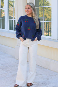Cherry Bliss Long Sleeve Sweater - Navy