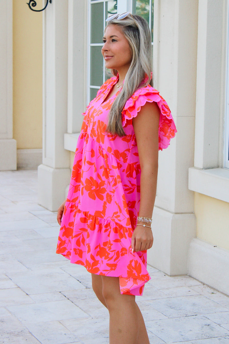 Summer Bliss Ruffle Sleeve Mini Dress - Pink/Orange