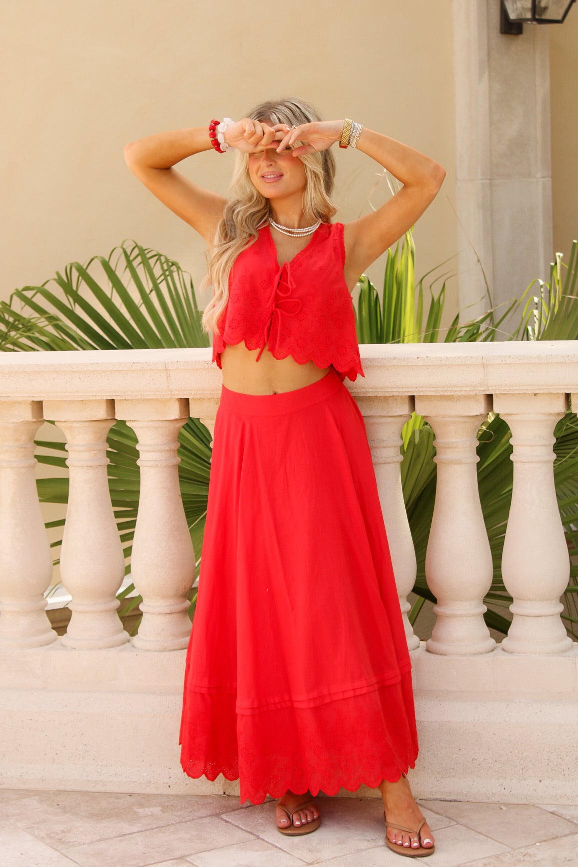 Summer Freedom Eyelet Midi Skirt - Red