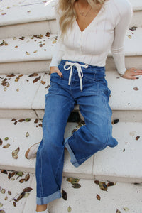 Brandy Slouchy Crop Barrel Drawstring Jeans - Dk Wash