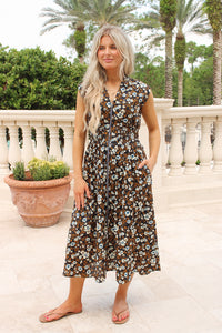 Autumn Bloom Smocked Floral Midi Dress - Navy