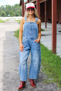 All The Attention Barrel Leg Jumpsuit - Med Wash