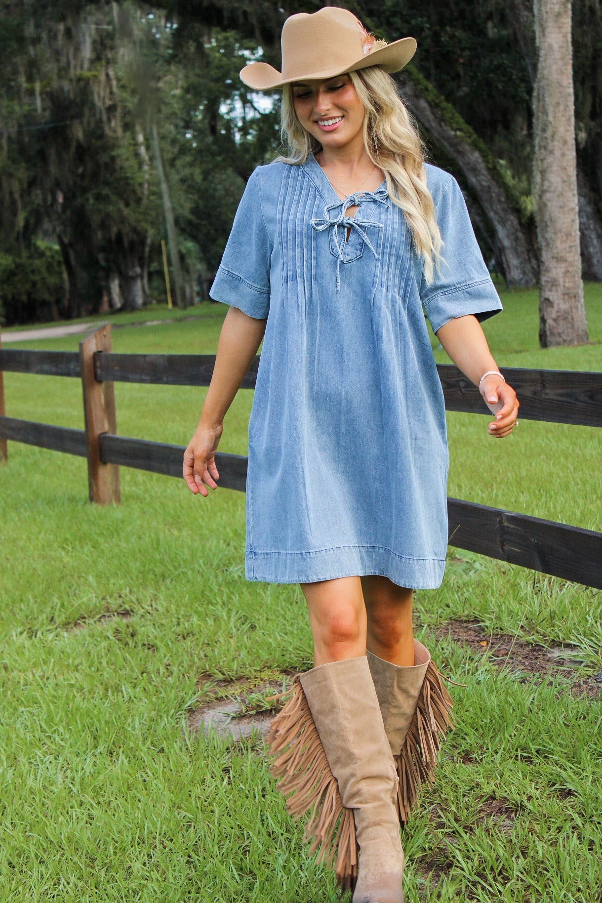 Denim Daydream Bow Tie Mini Dress - Med Wash