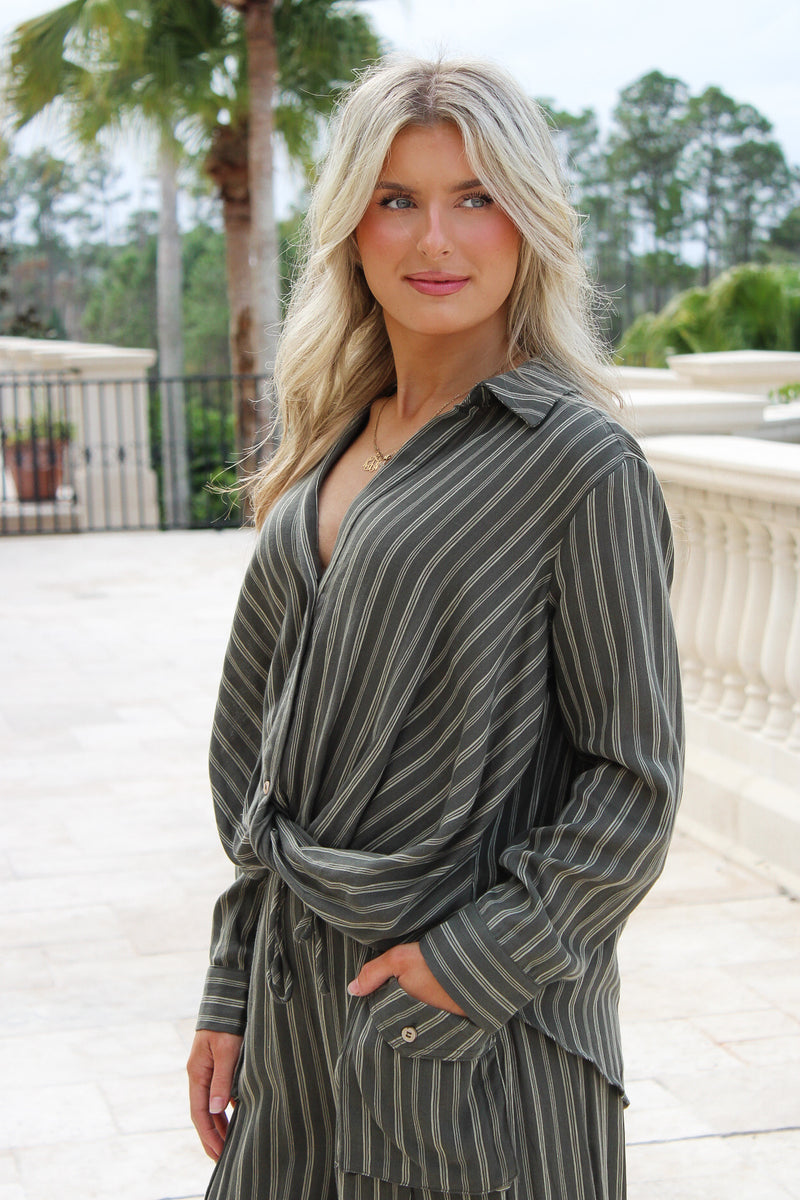Autumn Twist Button Down Top - Olive
