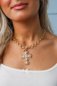 Pearl Studded Cross Necklace - Gold