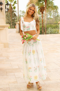 Spring Meadows Floral Printed Midi Skirt - Cream