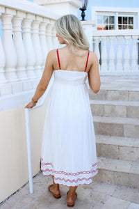 The Coastal Blossom Scalloped Midi  Dress - Red