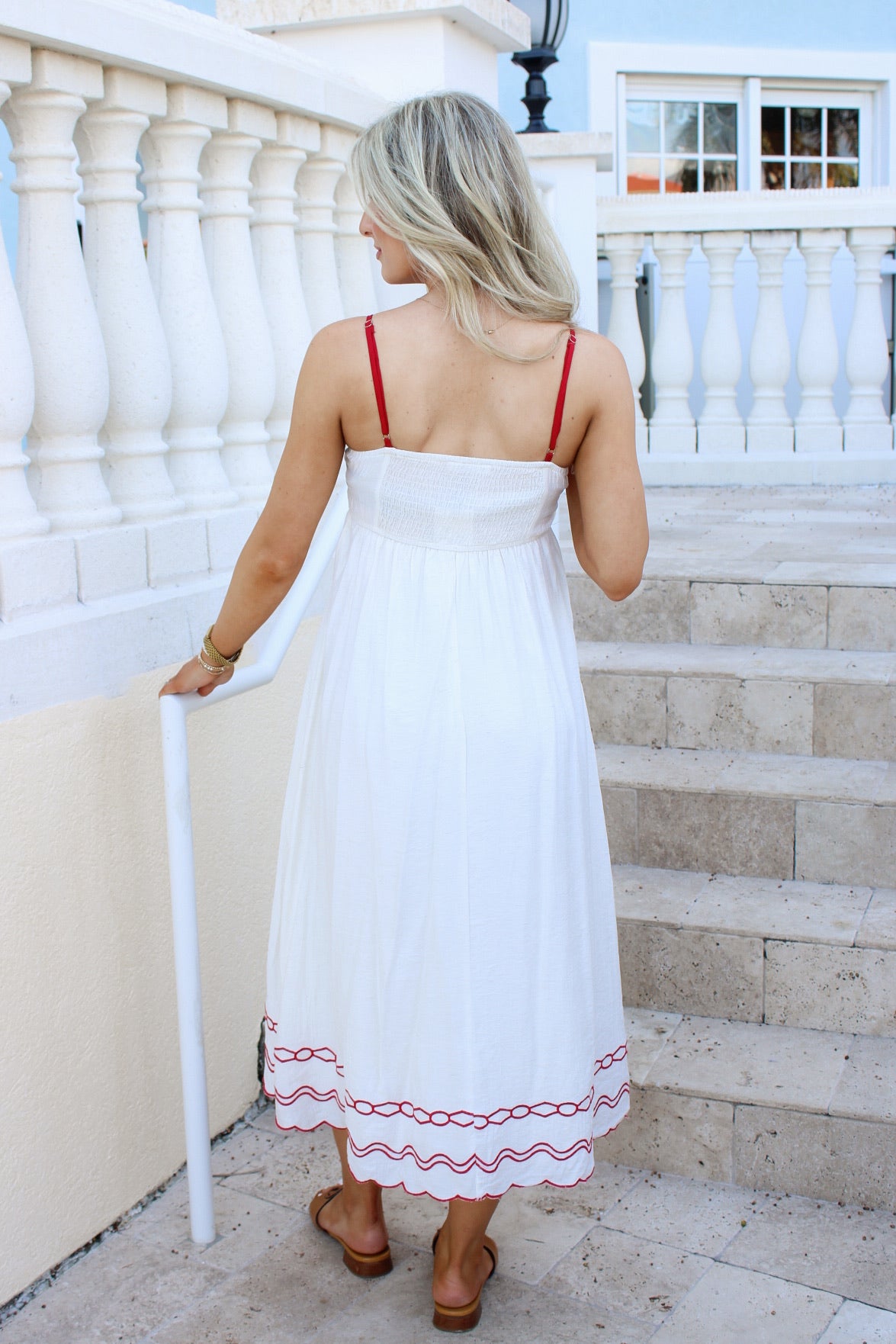 The Coastal Blossom Scalloped Midi  Dress - Red