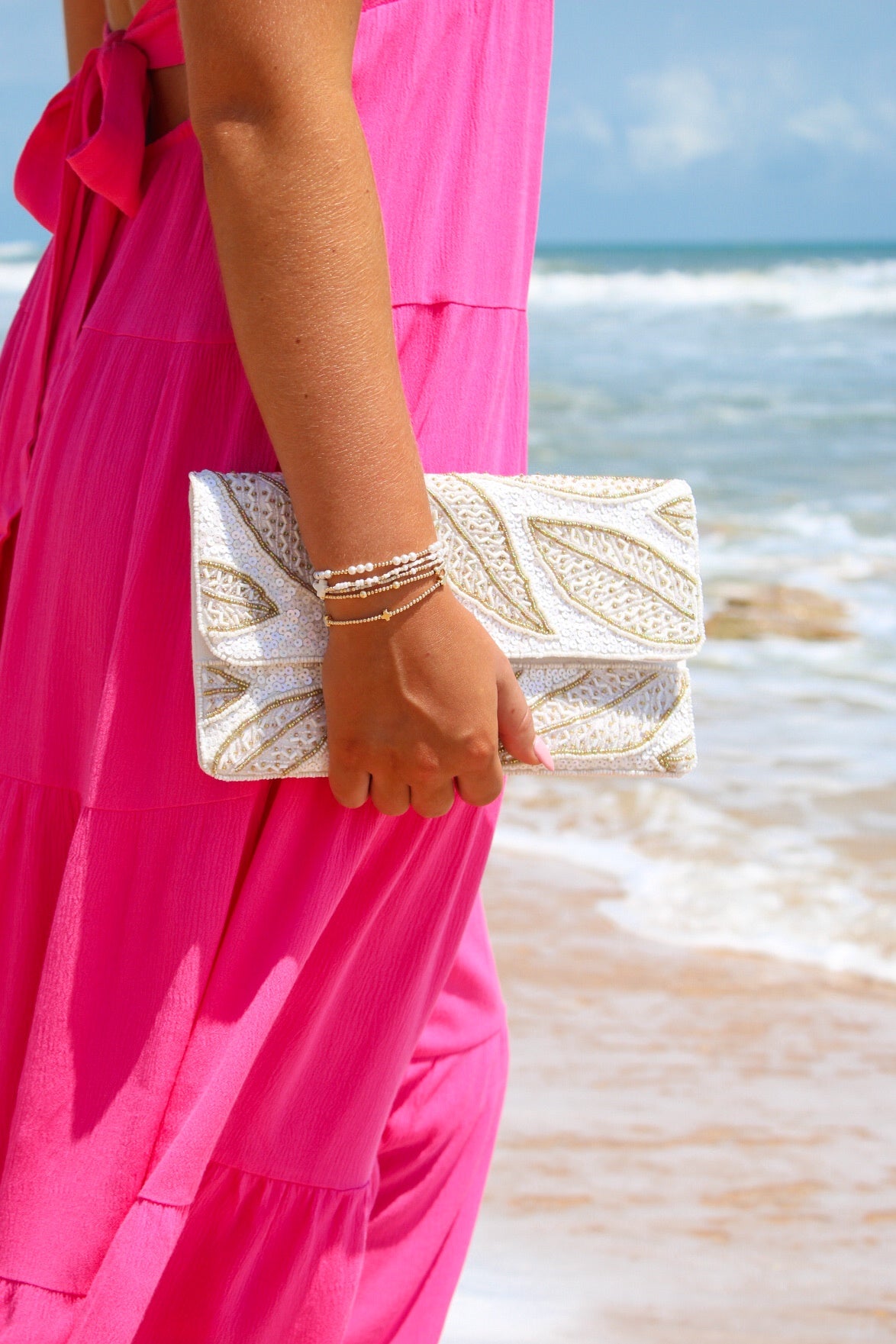 Tropical Nights Leaf Beaded Clutch - Ivory