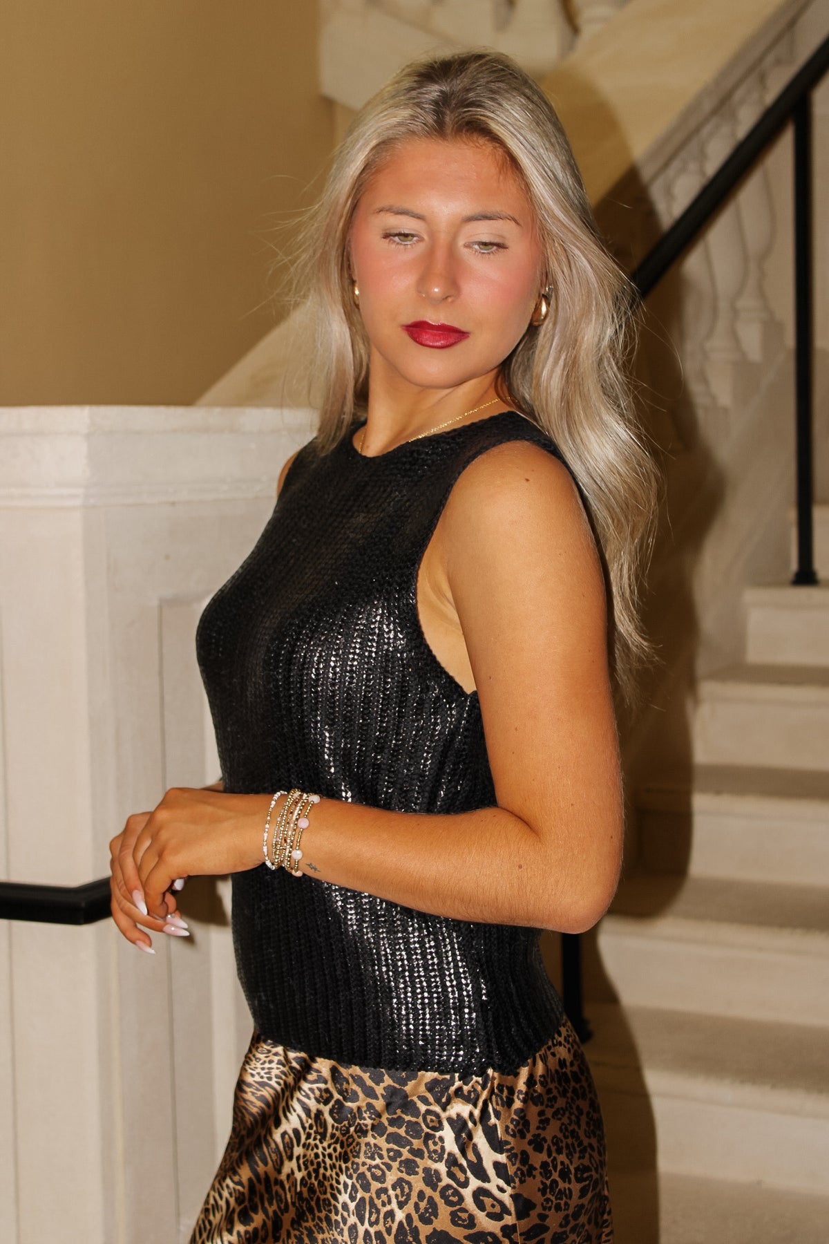 Midnight Sparkle Metallic Sweater Top - Black