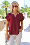 Positive Feelings Split Neck Button Top - Burgundy