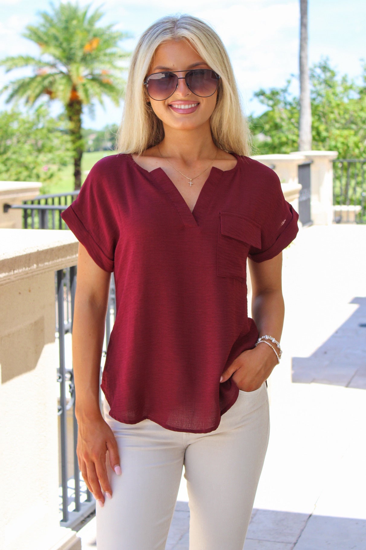Positive Feelings Split Neck Button Top - Burgundy