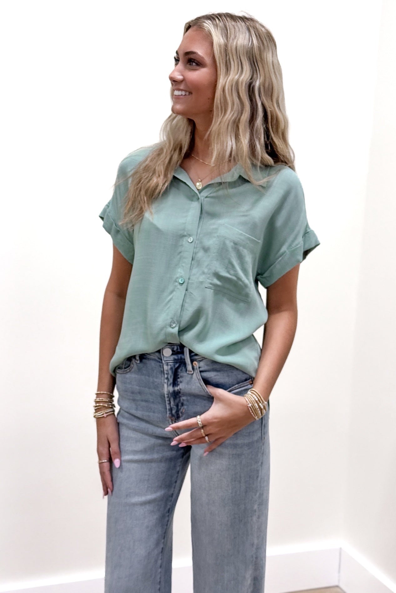 Simple Love Button Down Top - Mint