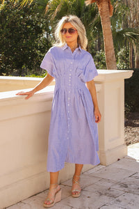 Blue Horizon Striped Pleated Midi Dress - Blue