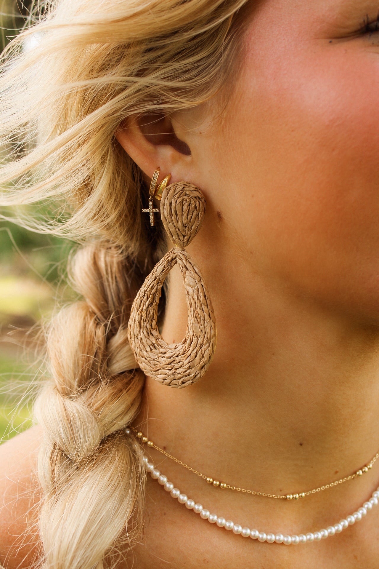 Wrapped Raffia Teardrop Earrings - Lt. Brown