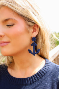 Anchors Away Raffia Earrings - Navy