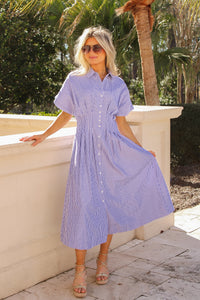 Blue Horizon Striped Pleated Midi Dress - Blue