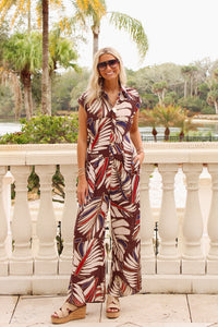 Hot Tropics Printed Open Elastic Back Jumpsuit - Brown