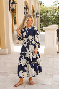 Fall Moments Floral Tiered Midi Dress - Navy