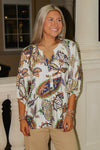 Abstract Allure Split Neck Top - Cream Multi