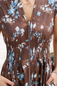 In Full Bloom Smocked Midi Dress - Brown