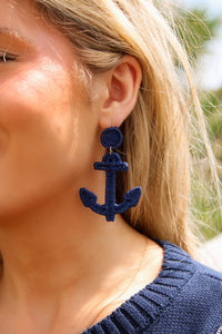 Anchors Away Raffia Earrings - Navy