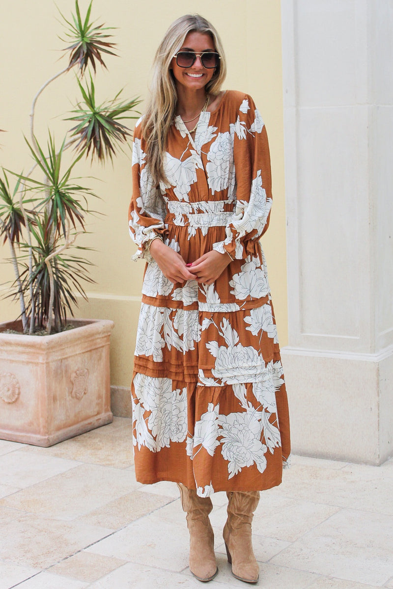 Fall Moments Floral Tiered Midi Dress - Caramel Makk Fashions Fall Moments Floral Tiered Midi Dress - Caramel Makk Fashions