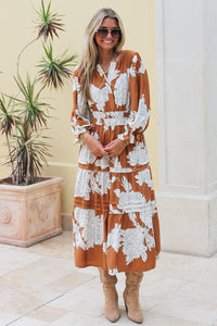 Fall Moments Floral Tiered Midi Dress - Caramel
