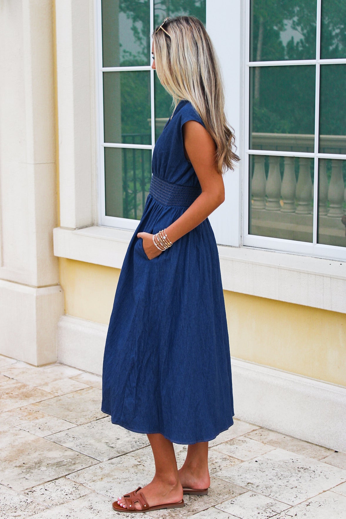 Sunset Drift Smocked Midi Dress - Med Wash
